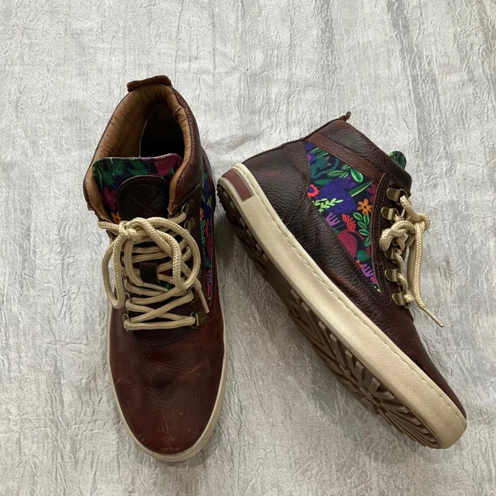 Inkkas Brown Leather Floral Cat Print High Top Sneakers Boots Womens 10 Mens 8